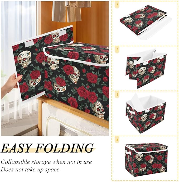 Storage Bins with Lids Storage Containers Box Organizer Bin Basket with Handles for Closet Shelves Clothes Stackable Foldable Decorative Mexico Skull Rose Flowers Red