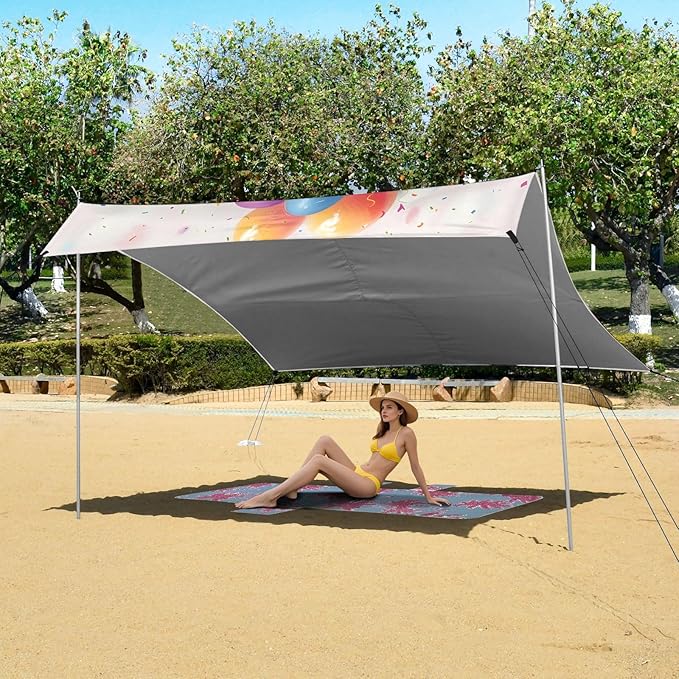 ALAZA Hippo and Balloons Beach Tent Sun Shelter UPF50+ Protection Beach Shade Canopy w/ 4 Sandbags for Outdoor Camping Fishing Backyard Fun Picnic 10x9 ft