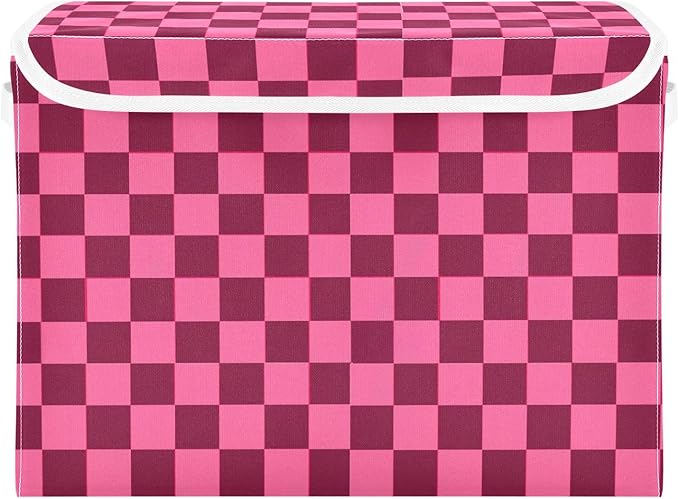 Collapsible Storage Bins with Lids Decorative Fabric Storage Cubes Closet Organizer and Storage Basket Boxes Containers for Clothes Box Chest Folding Rectangle Checkered Hot Pink