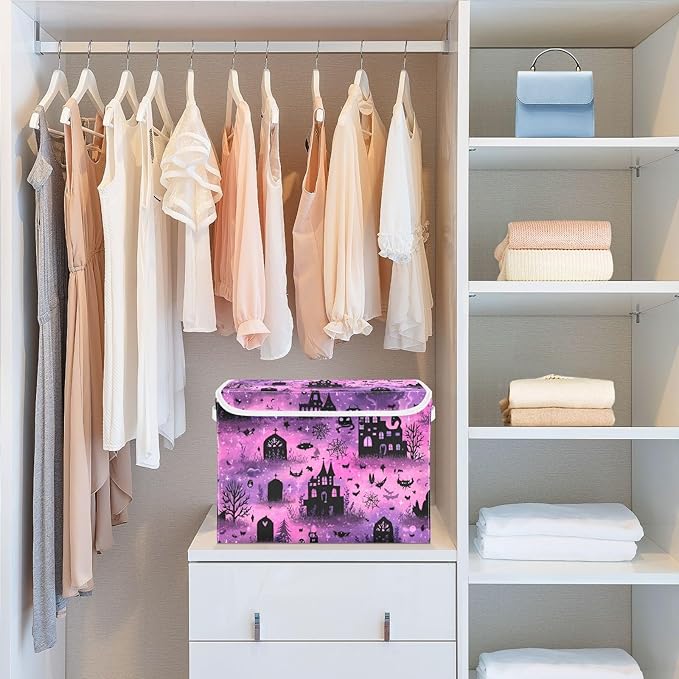 Pink Halloween Castles Cat Tombstones Storage Box with Lid 1 PC Foldable Storage Bin with Lids Stackable Storage Bins Cube Closet Organizer Basket with Flip-Top Lid &amp Handles for Shoes Books