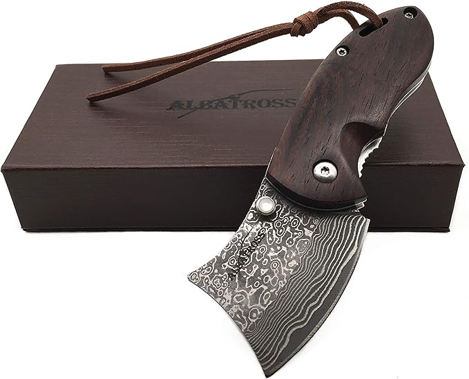 ALBATROSS Premium EDC Mini Damascus Folding Pocket Knife - 2 Blade Genuine Sandalwood Handle Liner Lock Everyday Carry for Camping Hunting Outdoor Adventures Great Gift for Men - HGDK002