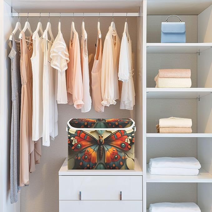 AIXIWAWA Lidded Storage Cube (Butterfly Artwork) Fabric Foldable Closet Bins with Flip Lid and Handles Organizer Basket Container 16.5 x 12.6 x 11.8 IN