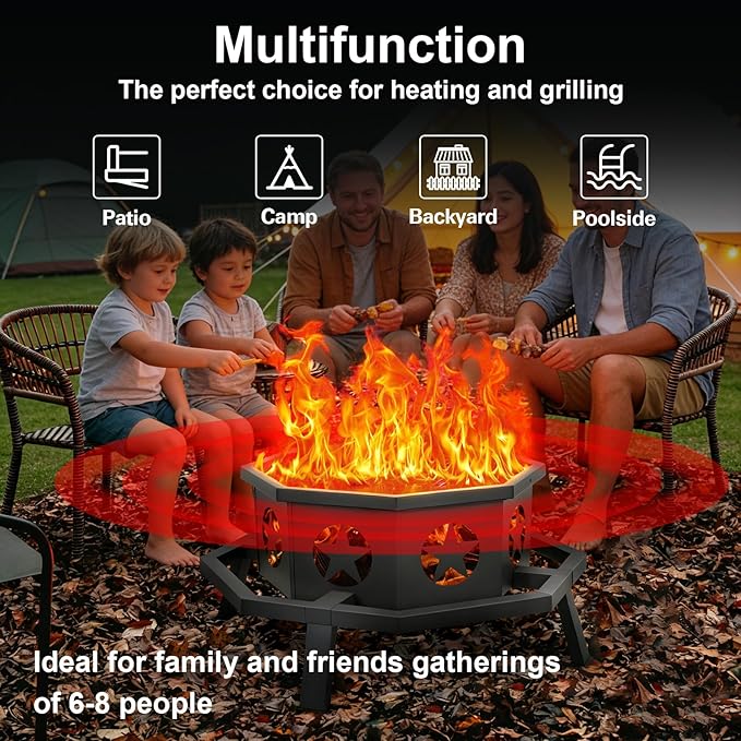 Hykolity 31 Inch Fire Pit Octagonal Outdoor Fire Pit 2 in 1 Wood Burning Fire Pits with Cooking Grill Smokeless FirePit for Outside Bonfire Patio Backyard Camping