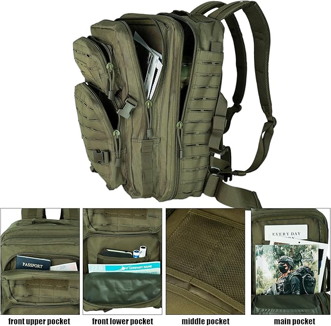 Small Tactical Backpack Assault Pack Bug Out Bag 40L Military Backpack with Molle for Hiking Hunting Rucksack Trekking (Green)