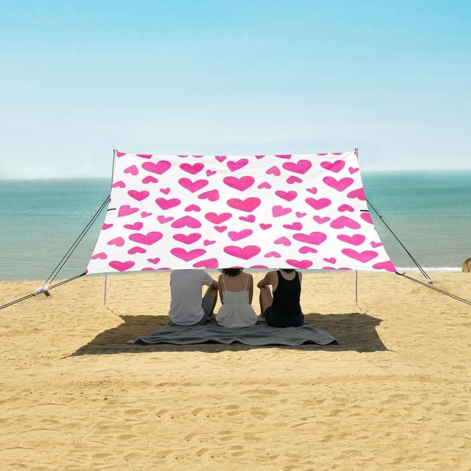 Beach Canopy with Windproof Ropes &amp Sandbags Beach Tent Sun Shade Sun Shelter for Camping Trips Fishing Backyard Fun or Picnics Heart