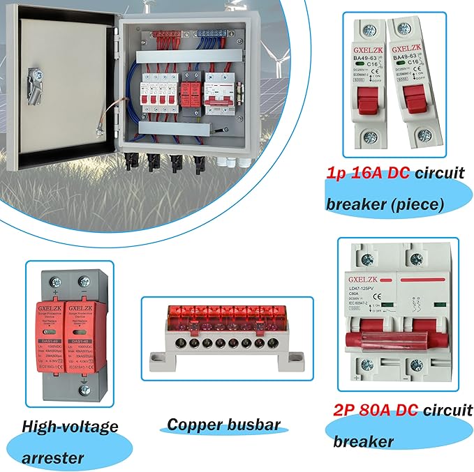 Hardcover Solar Combiner Box with 4 Strings 80 A Circuit Breakers. This pv Combiner Box is Suitable for Off-Grid Solar Power High-Power Version