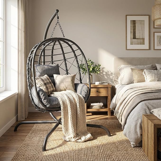 Foldable Hanging Egg Chair with Stand - Wicker Swing Hammock Chair with Cushion - for Patio Porch Balcony Weight Capacity 350lbs (Light Gray)