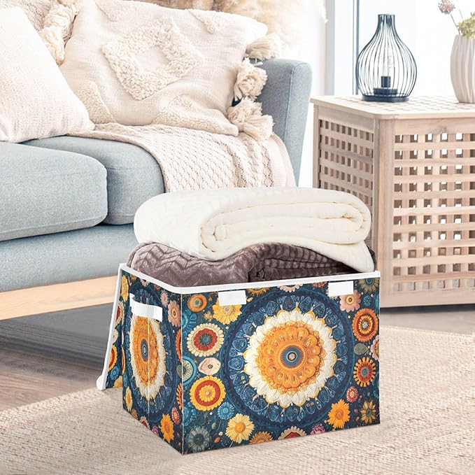 AIXIWAWA Lidded Storage Cube (Ethnic Floral Pattern) Fabric Foldable Closet Bins with Flip Lid and Handles Organizer Basket Container 16.5 x 12.6 x 11.8 IN
