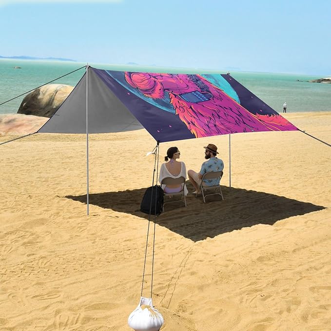ALAZA Llama Alpaca Moon Cyberpunk Beach Tent Sun Shelter UPF50+ Protection Beach Shade Canopy w/ 4 Sandbags for Outdoor Camping Fishing Backyard Fun Picnic 10x9 ft