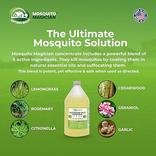 Mosquito Magician 1 Gallon Liquid Concentrate with a 2 Gallon Pump Up Sprayer - User-Friendly - Ideal for Yards Lawns Patios - Kills Mosquitoes Fleas Fire Ants - Includes 6 Natural Essential Oils