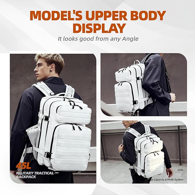 LUPU TACTICAL 45L Backpack for Men and Women 3 Days Assault Pack Outdoor Travel Hiking Camping Rucksack with Molle Webbing (White)