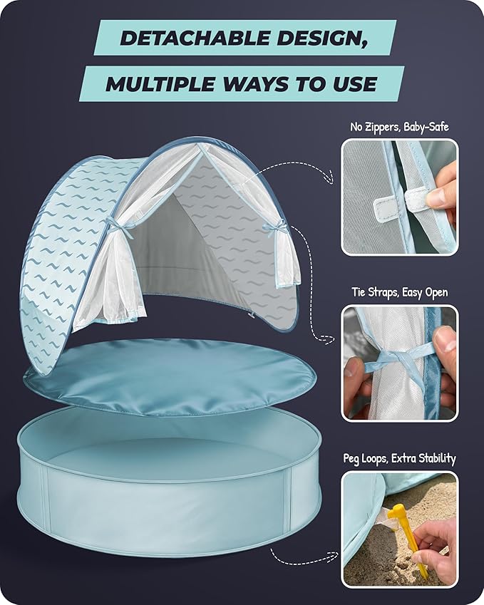 Baby Beach Tent with Pool 3-in-1 Upgrade Pop Up UPF 50+ Sun Protection Shelter with Mosquito Net Babies Toddlers Portable Outdoor Summer Essentials for Beach Backyard Indoor- Blue Wave