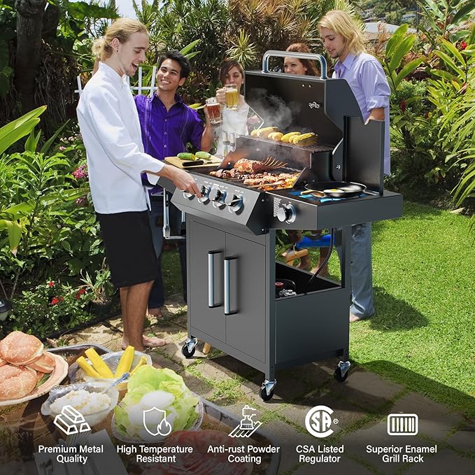 ROVSUN 4 Burner Propane Gas Grill with Side Burner 58000BTU BBQ Grills with Enameled Cast Iron Grates Shelf &amp Cabinet for Outdoor Garden Patio Backyard Barbecue Cooking