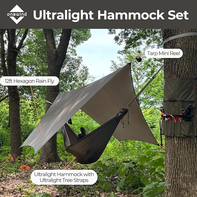 Onewind 12×10 ft Hexagon Hammock Rain Fly Waterproof Lightweight and Durable Silnlyon Camping Hammock Tarp for Backpacking and Hiking Complete Accessories OD Green