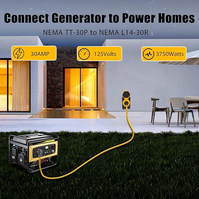 30 AMP Generator Transfer Switch Adapter Cord Heavy Duty STW 10 Gauge NEMA TT-30P Male to L14-30R Female 3 Prong to 4 Prong Generator Adapter Plug Twist Lock to House Inlet Box (10FT)