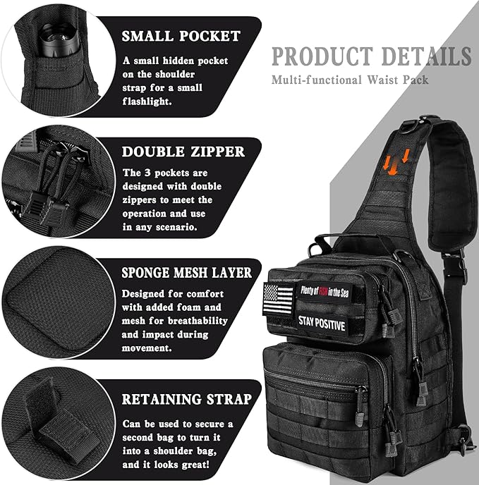 bvya Tactical Sling Bag Backpack Military Rover Shoulder Sling Pack Small EDC Crossbody Chest Bag for Men 10L