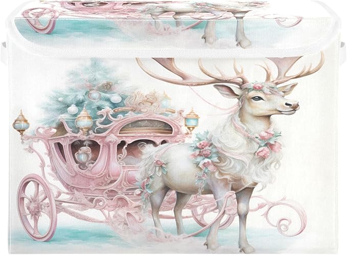 senya Christmas Baskets Collapsible Storage Bins with Lids Pink Christmas Elk Storage Boxes Clothes Baskets for Organizing