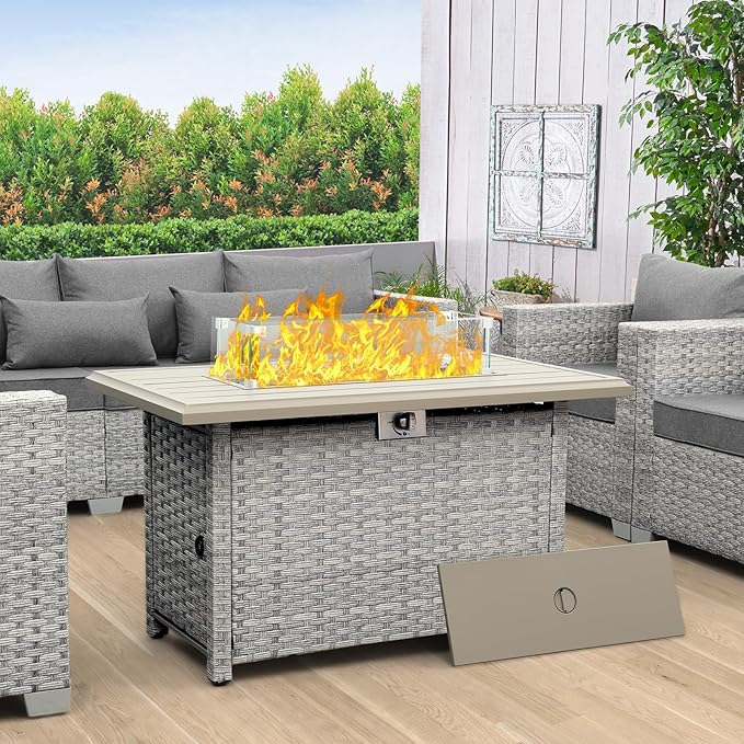 Outdoor Propane Fire Pit 43 Inch PE Wicker Patio Firepit Table with Fire Glass and Wind Guard for Outside Parties and Gatherings on Garden Backyard Porch