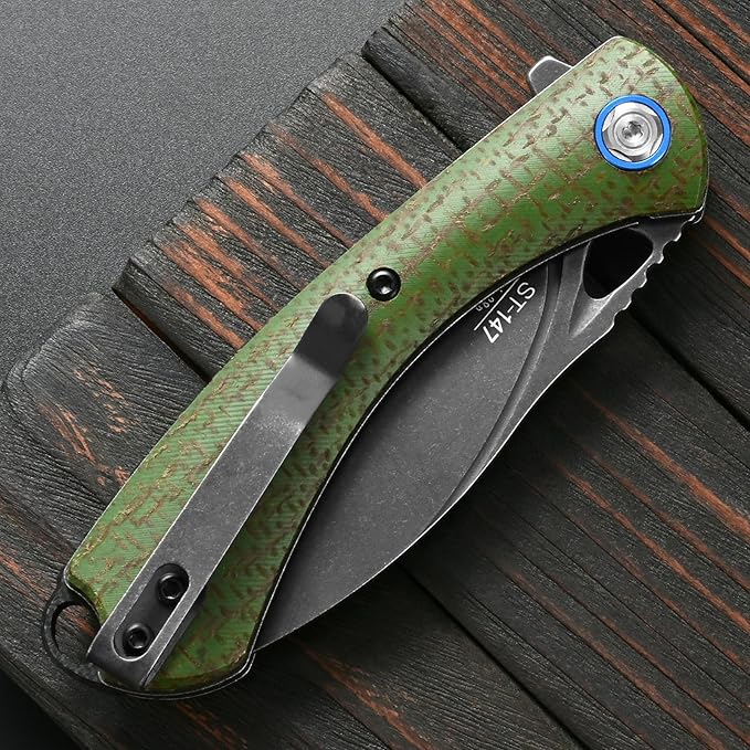 Sitivien ST147 Folding Pocket KnifeBlack Stonewashed 14C28N Steel Blade with Micarta Handle Utility Knife EDC Tool Knife for Outdoor CampingHikingHunting(Green)