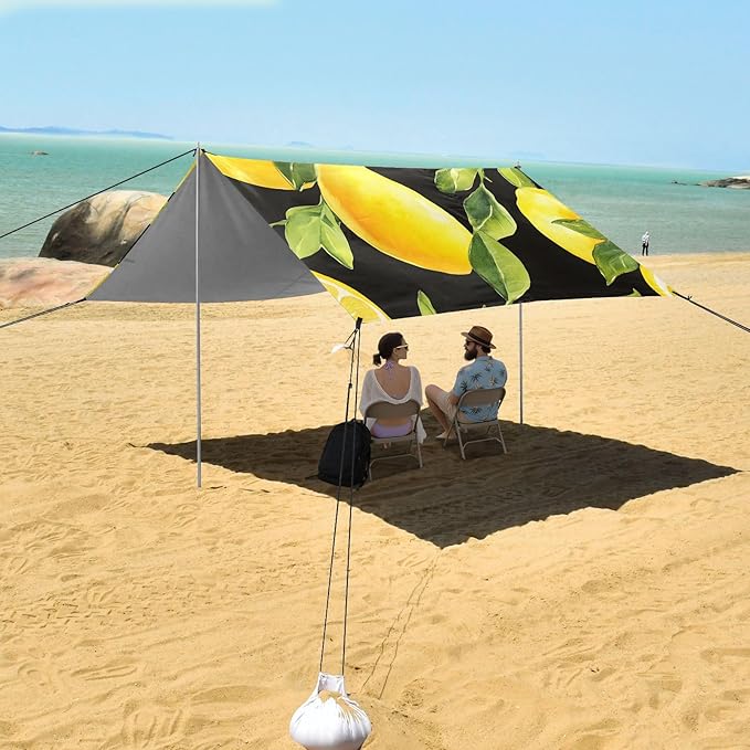 ALAZA Lemon Pattern on Black Beach Tent Sun Shelter Portable Canopy Sunshade for Outdoor Camping Picnics Backyard Fun 10x9 ft