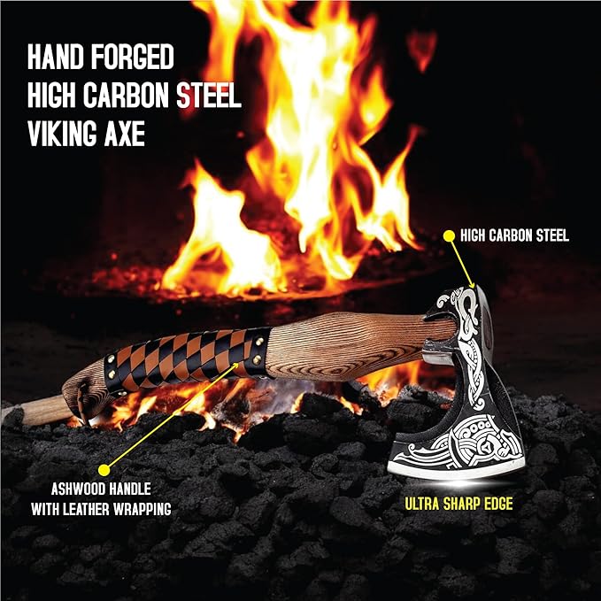 Viking Axe Ideal for Collectors &amp Enthusiasts Authentic Artisan-Crafted HandForged Camping Axes and Hatchets Medieval Styled with Durable and Robust High Carbon Steel with Leather Sheath