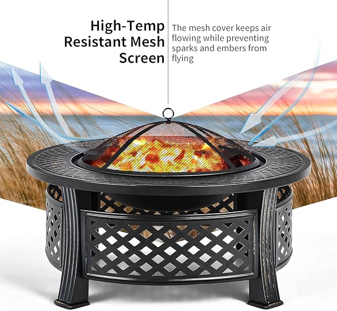 Giantex 3 in 1 Fire Pit 32 Outdoor Wood Burning Fire Pit Multifunctional Round Firepit Stove Metal Fire Bowl with Cover Portable Fire Pits for Outside Heating Bonfire Picnic Grill