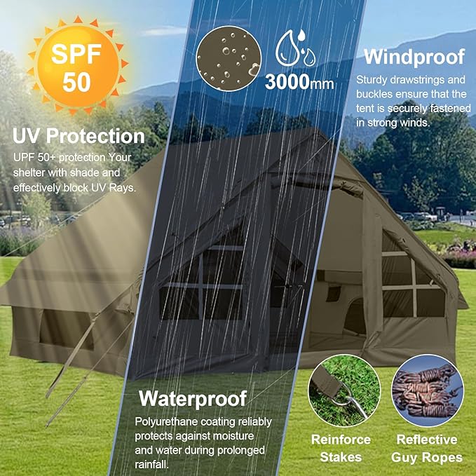 Inflatable Camping Tent2/4/6/8 Person Glamping Inflatable Tents with Awning Quick Setup Blow Up Tents with Pump Waterproof Oxford Inflatable House for Camping Air Glamping Hot Tents for Adult