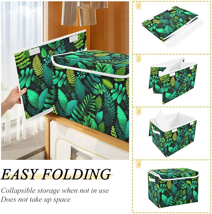 Collapsible Storage Bins with Lids Decorative Fabric Storage Cubes Closet Organizer and Storage Basket Boxes Containers for Clothes Box Chest Nursery Folding Rectangle Dark Green Leaves