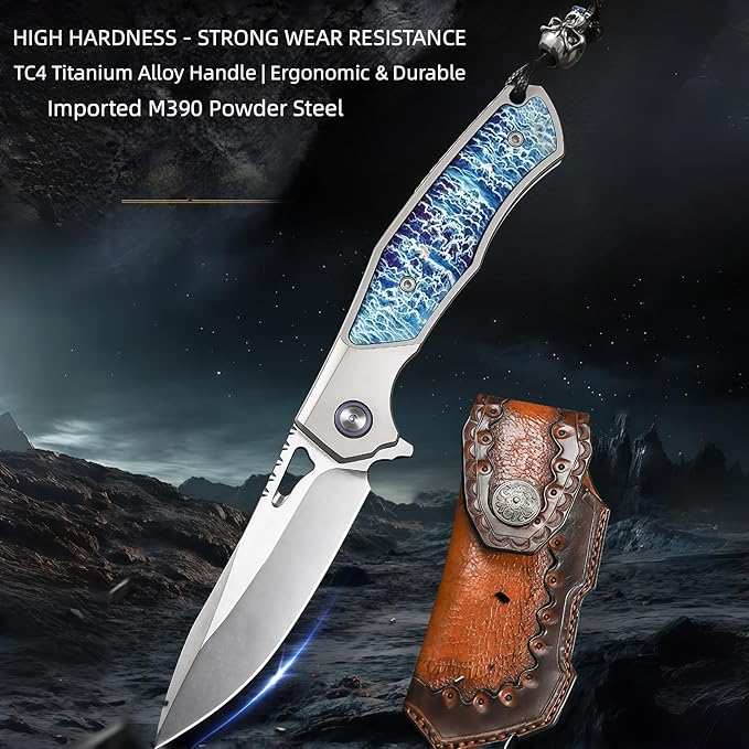 Pocket Knife Hunting Knives &amp Tools Knifes Titanium Alloy Handle Vegetable Tanned Leather Sheath Folding Knife Outdoor Knife for Self Defense