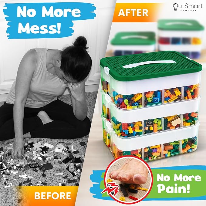 Stackable Toy Storage Organizer Bin for Lego Building Bricks Dolls and Crafts Organization Build on the Lid 3 Layer Adjustable Compartments Includes ABC Stickers and 2 Box Lids