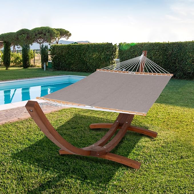 SUNCREAT Quick Dry Hammocks Standing Backyard Hammock with Stand 2 Person Heavy Duty Hammock with 13.5 ft Wooden Stand Brown