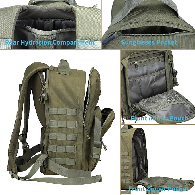 Military Tactical Backpack for Men Molle Army Rucksack Pack Bug Out Bag Laptop Compartment 30L (Green)