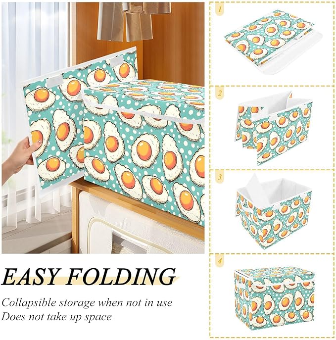 Storage Cube with Lid Fried Egg Cartoon Print 16.5×12.6×11.8 IN 1 Pack Collapsible Large Capacity Foldable Storage Basket Bin Organizer