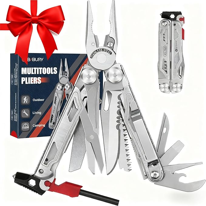 BIBURY Multitool Pliers BI2038B 22-in-1 Stainless Steel Multi Tool with Flint Window Breaker Scissors Back Clip Folding Pocket Multifunctional Self-locking EDC Tool for Survival Camping Hiking