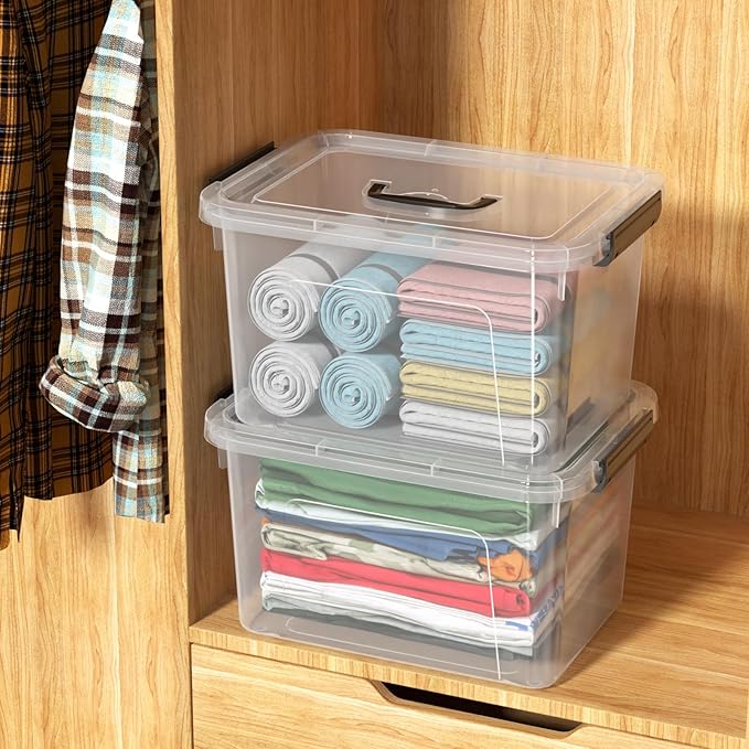 Quickquick 18 Quart Plastic Clear Latch Storage Boxes Latching Bin with Handle 4 Packs