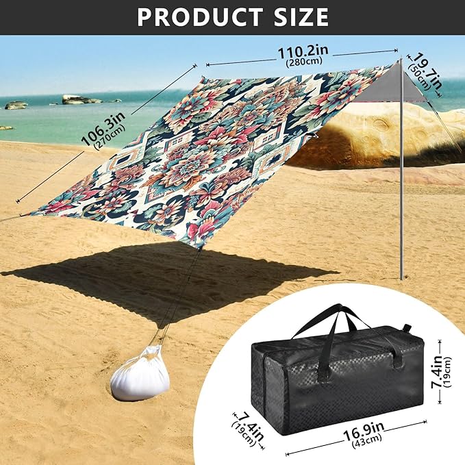 Bohemian Botanical Flowers Beach Tent Sun Shelter Set UPF50+ UV Protection 10.5 x 9.19 FT Camping Shade Canopy with Sandbags Sand Anchors Carrying Bag and Others