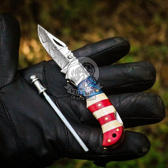 Damascus Steel Pocket Knife with Clip and Leather Sheath - EDC Knife for Outdoor and Camping Activities Handmade Folding Knife Free knife Sharpner (American Flag handle) (American Flag Handle)