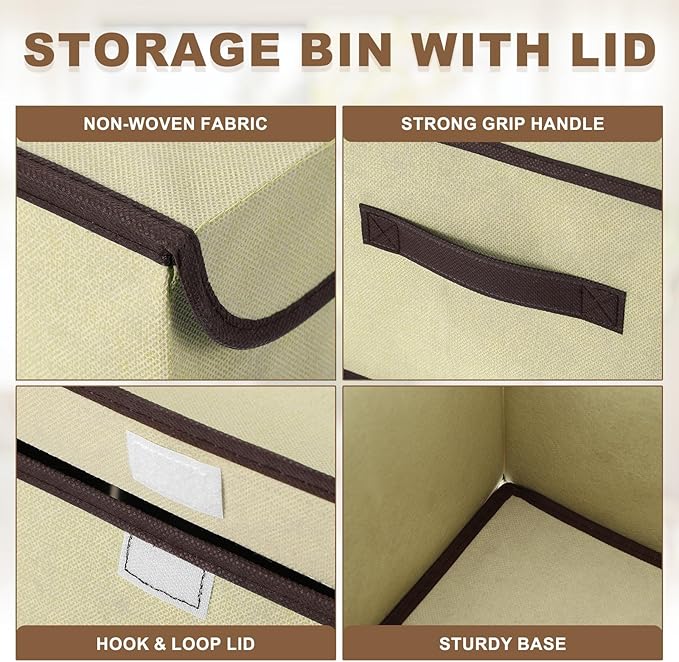 uxcell 2Pcs Storage Bin with Lid Fabric Foldable Box Decorative Storage Boxes with Lids for Keepsake Shelf Closet Nursery Home Bedroom(Beige White S &amp L Size)