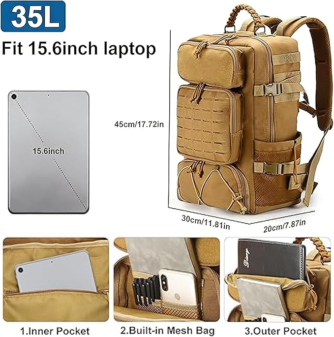 Tactical Backpack for Men 35L Travel Military Backpack with Shoe Compartment 1000D Water Resistant Molle Rucksack for Outdoor Hiking Travel Camping Khaki Color