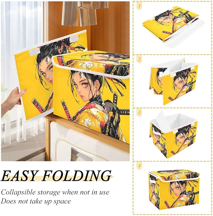 Storage Cube with Lid Fashion Samurai Print 16.5×12.6×11.8 IN Collapsible Large Capacity Foldable Storage Basket Bin Organizer