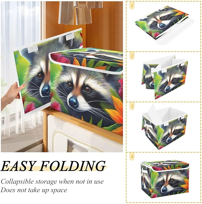 Flower Raccoon Storage Cube with Lid Collapsible Flip-top locker Fabric Storage Bins Basket with Handle for Home Bedroom Closet Office 16.5×12.6×11.8 in