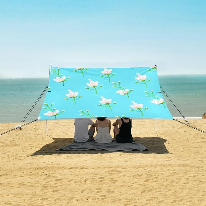 Beach Canopy with Windproof Ropes &amp Sandbags Beach Tent Sun Shade Sun Shelter for Camping Trips Fishing Backyard Fun or Picnics Flowers