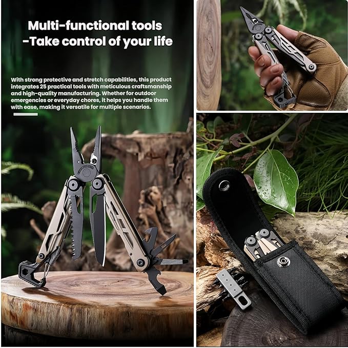 Multitool 25-in-1 Full-Size Lightweight EDC Camping Knives &amp Tools Multi-Purpose Pliers Folding Knife Outdoor Survival Gear Men Gift Ideas Gifts for Hunters Men who have Everything (Black）
