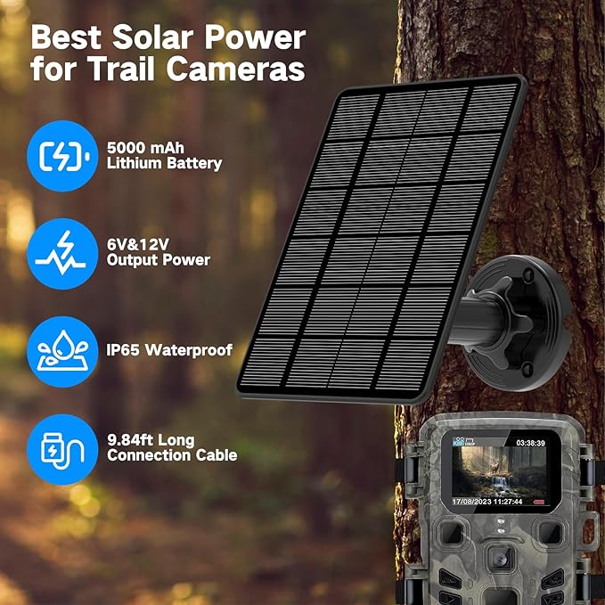 Solar Panel for Trail Camera Trail Camera Solar Panel with 5000mAh Rechargeable Lithium Battery - Output 12V/1A 6V/1.5A IP66 Water Proof Hunting Accessory Game Cameras Solar Charger