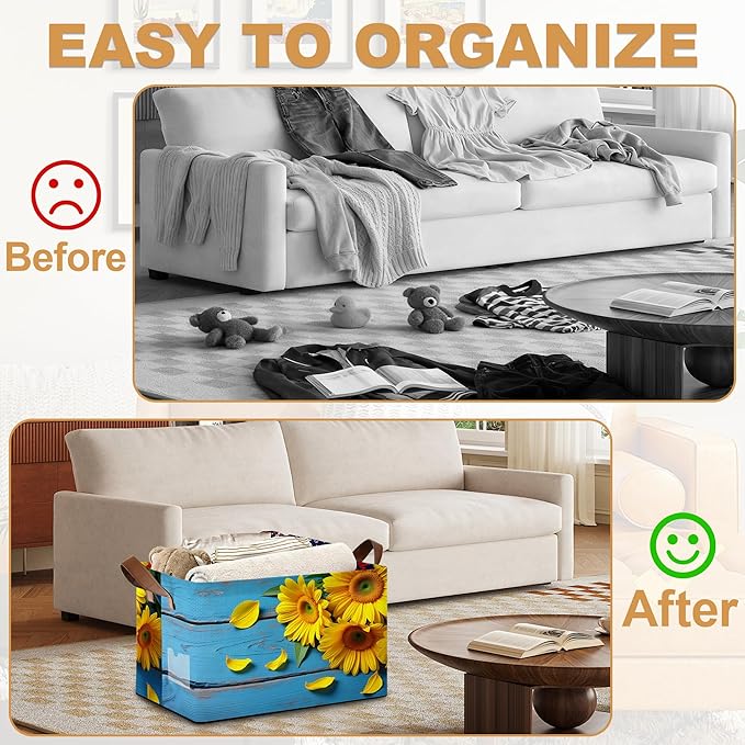 Storage Bin with Handles Sunset Sunflower Collapsible Laundry Baskets for Books Laundry - Use in Nursery Closet Organizers and Storage Blanket Basket