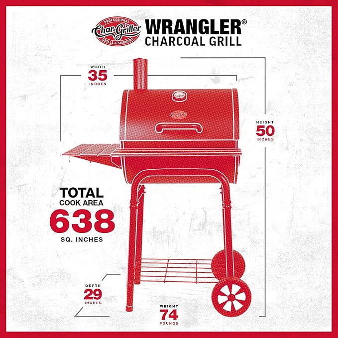 Char-Griller® Wrangler® Charcoal Grill in Black with Metal Shelves EasyDump™ Ash Pan Premium Wood Front and Side Shelves with Utensil Hooks 640 Cooking Square Inches in Black Model 2823