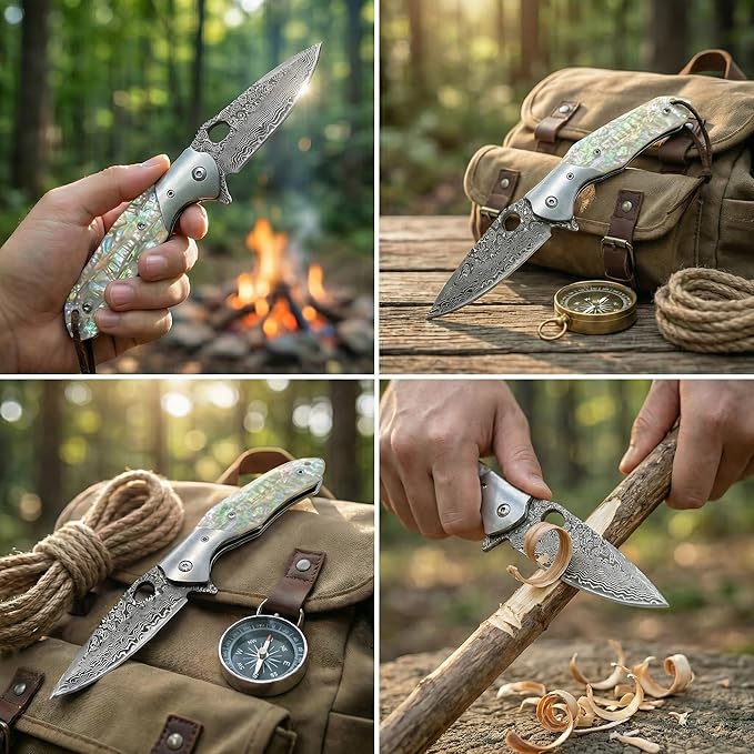 Damascus VG10 Steel Folding Pocket Knife 3.15 Blade MOP Handle EDC Knife with Mechanical Lock Pocket Clip for Men Women Camping Survival Hiking