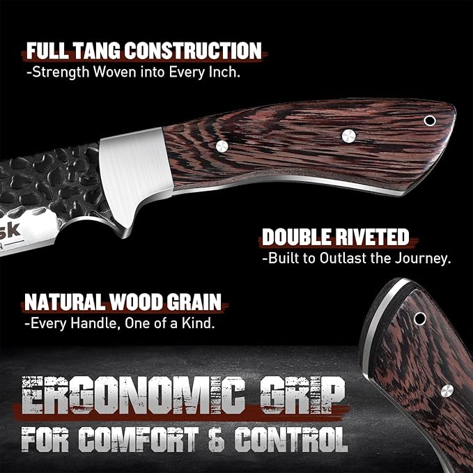 Huusk Fixed Blade Bowie Knife - 8 Hunting Knife with Sheath Full Tang Survival Knives with Ergonomic Wood Handle Outdoor Bushcraft Knives for Camping Hiking Fishing BBQ Christmas Gifts for Men