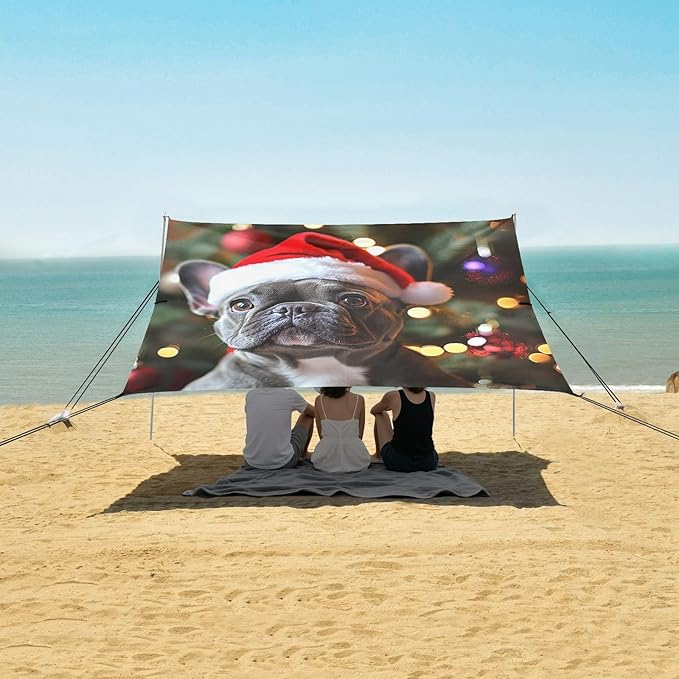 ALAZA French Bulldog Wearing A Santa Hat Beach Tent Sun Shelter Portable Canopy Sunshade for Outdoor Camping Picnics Backyard Fun 10x9 ft