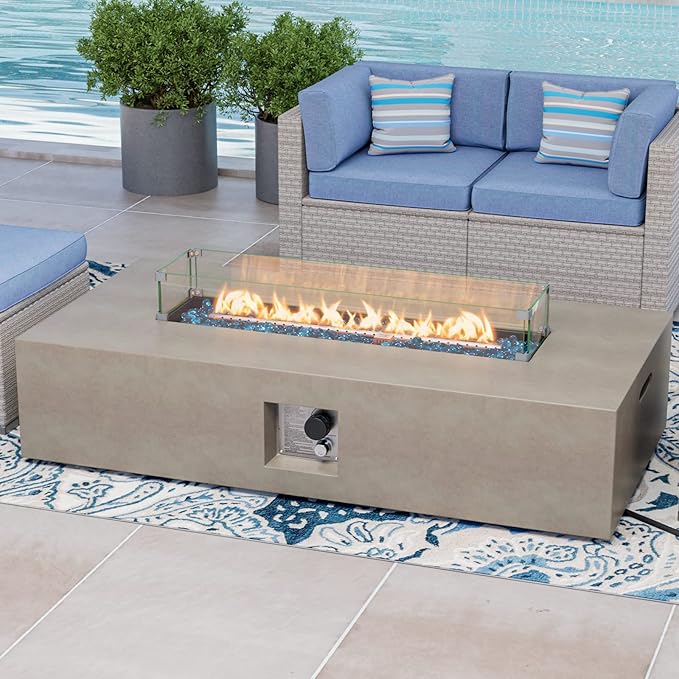 COSIEST Outdoor Propane Fire Pit Table 56-inch x 28-inch Rectangle Gray Concrete-Like Finish Certified 50000 BTU Stainless Steel Burner w Blue Fire Glass Wind Guard Raincover